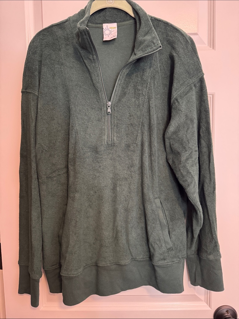 Aerie - Offline Women’s Half-Zip Terry Pullover Sweater - Dark Green